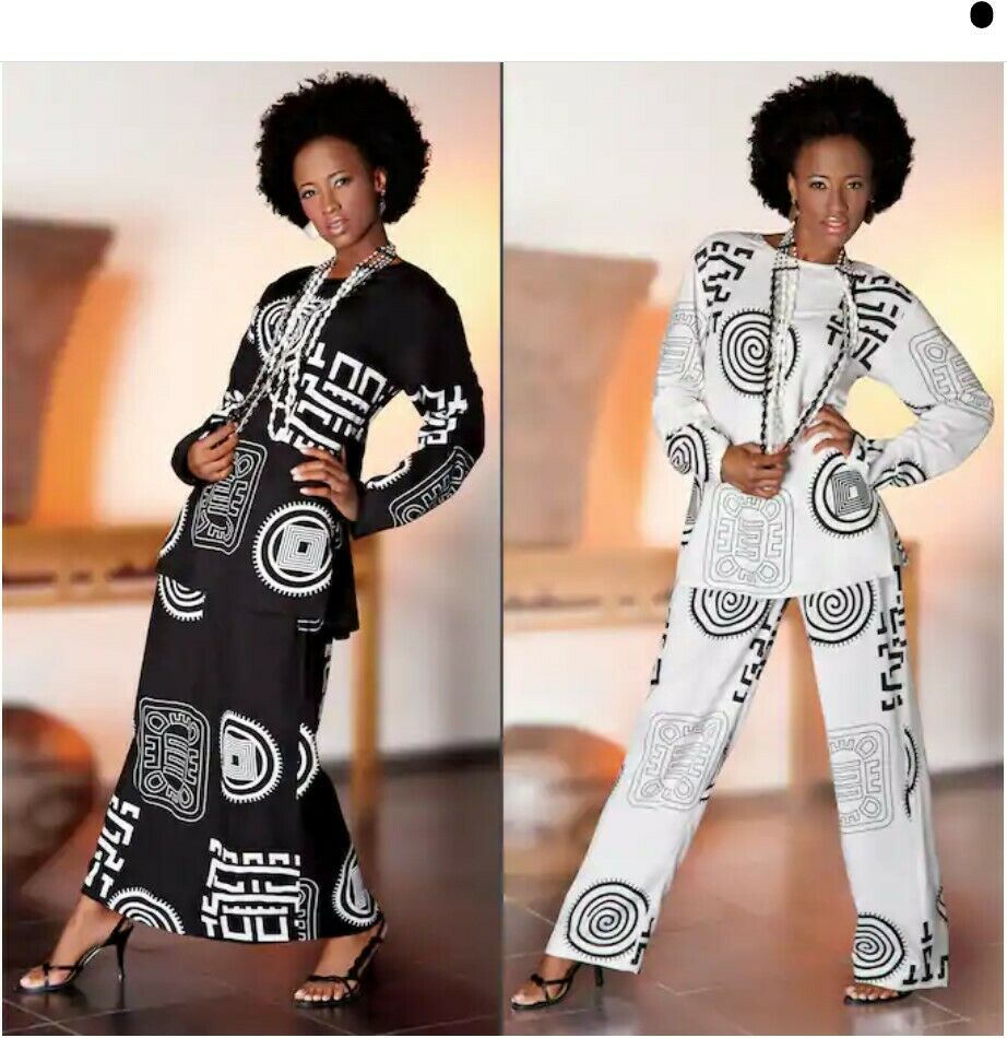 Ashro Black White Ethnic African Pride Power Print Pant Skirt Suit 3pc Wardrober